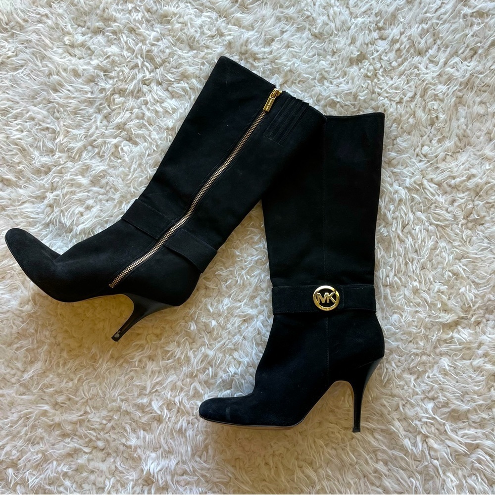 Michael Kors Caroline Suede Leather Boots High‎ Heel Black Size 8 Gold Logo Used